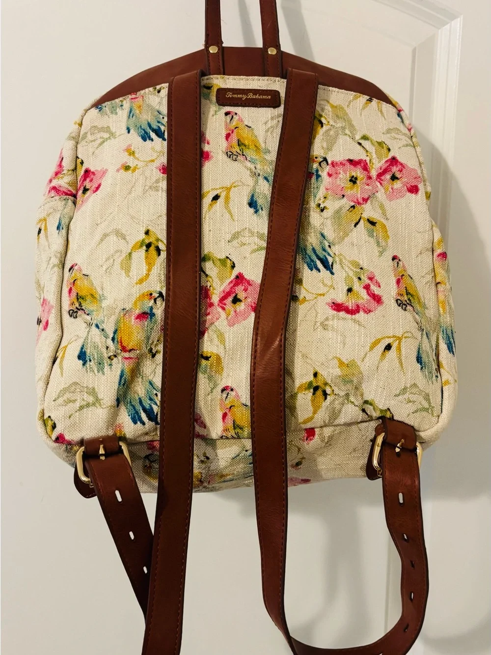 Tommy Bahama Backpack Women's Multi-Color Floral Bird Leather Trim Beach School